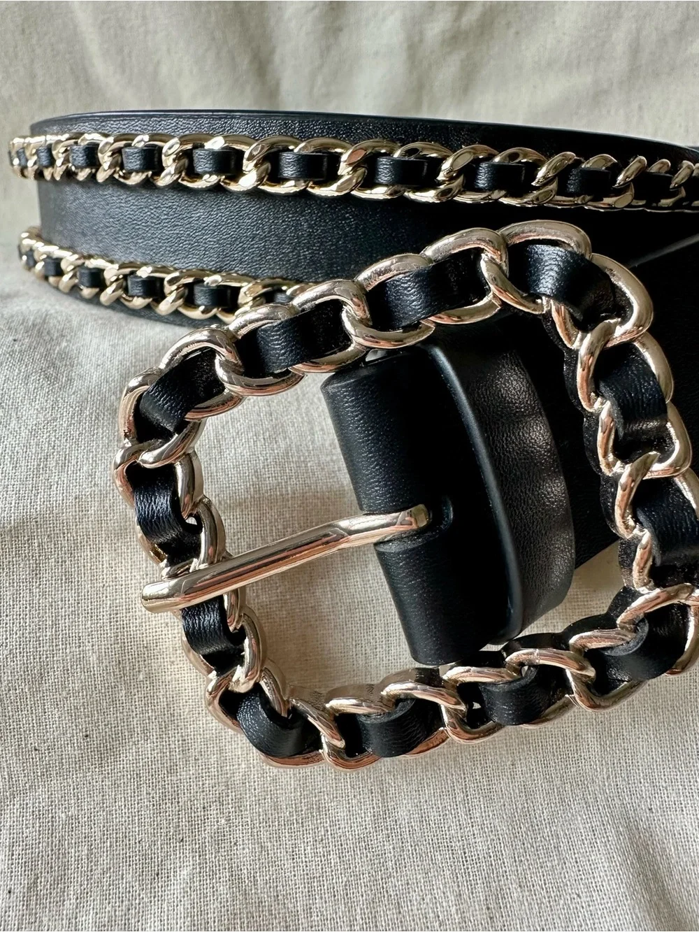 WHBM Black Leather Chain Link Belt